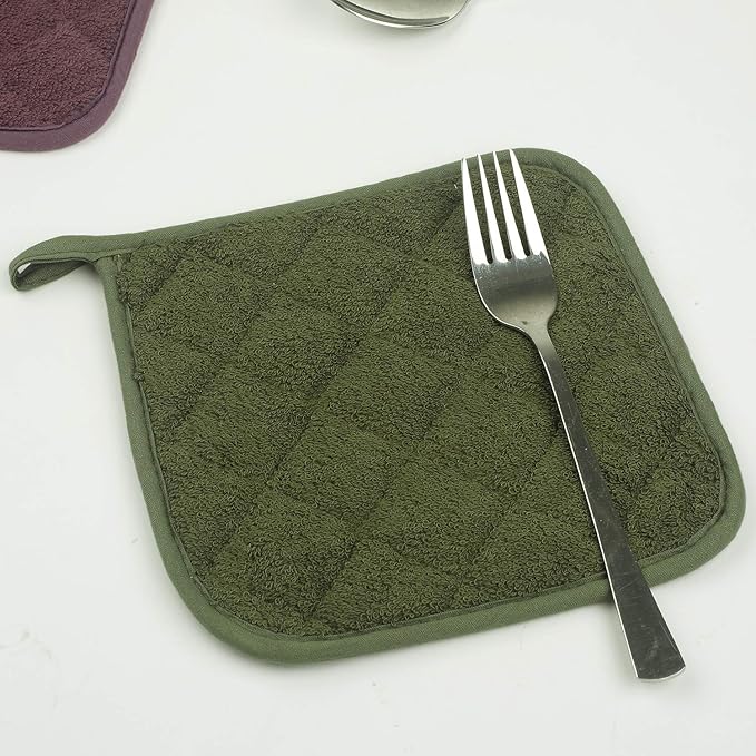 Pot Holders for Kitchen, 100% Cotton Terry Pot Holder Set of 5, Heat Resistant Hot Pads for Cooking, Baking, Hot Dishes and Countertop Protection, Olive Green