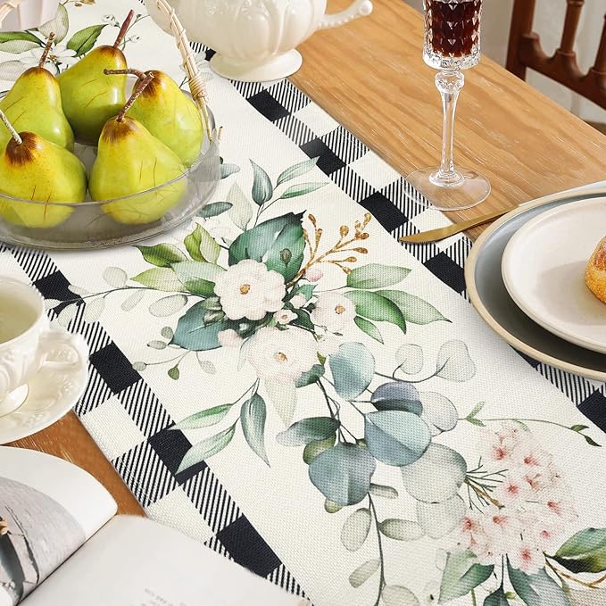 Bonhause Green Eucalyptus Leaves Flowers Table Runner 13x90 Inch Black White Buffalo Plaid Spring Plants Kitchen Dining Table Decoration for Indoor Outdoor Home Party Decor