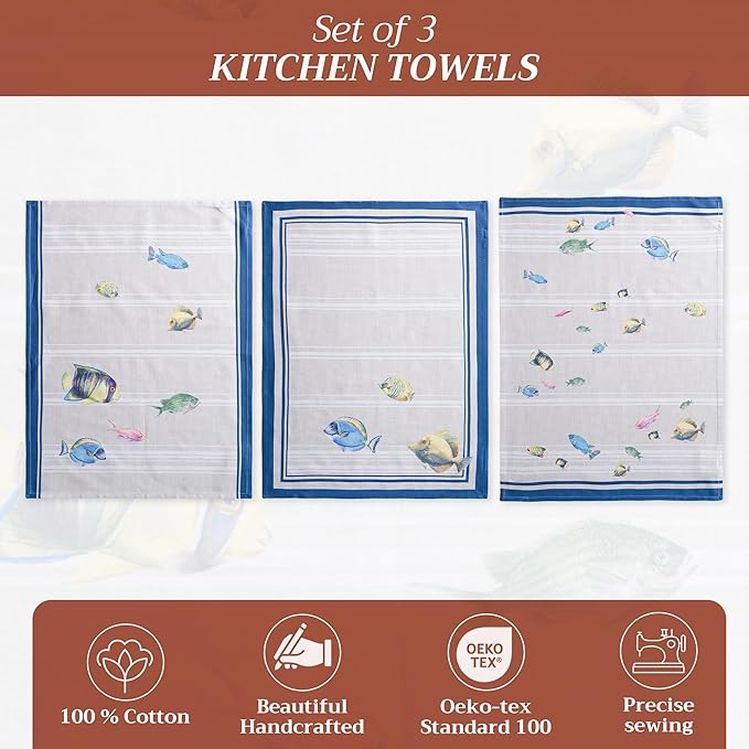 Maison d' Hermine Kitchen Towels Set of 3 100% Cotton 27.50" x 20" Reusable Cloth Tea Dish Towels Absorbent with Hanging Loop for Kitchen Gifts for Mothers Day Spring/Summer (Poisson)