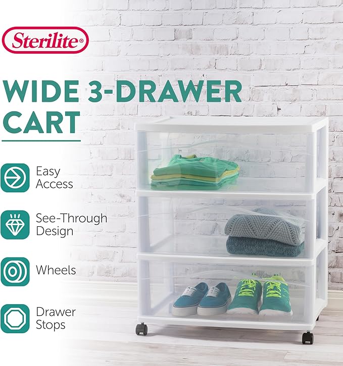 Sterilite Wide 3 Drawer Storage Cart, Plastic Organizer with Wheels, White - Multipurpose Bin for Clothes, Accessories, or Home Accessories