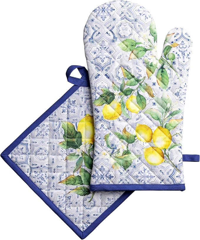 Maison d' Hermine 100% Cotton Oven Mitt & Pot Holder Set (7.5"x13" & 8"x8") Heat Resistant BBQ Cooking Gloves with Loop Baking Grilling Kitchen Gifts for Mothers Day Spring/Summer (Citrus)