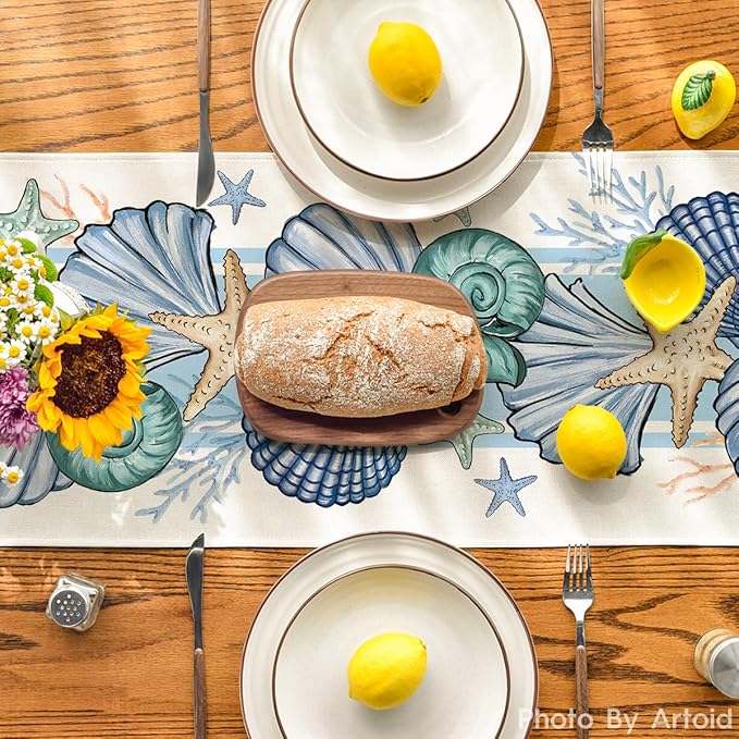 Artoid Mode Sea Shell Starfish Summer Table Runner,Spring Ocean Kitchen Dining Table Decoration for Home Party Decor 13x90 Inch