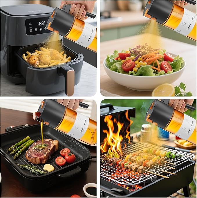 LUKUMIQI 2 in 1 Oil Sprayer for Cooking, 17oz Light-Blocking Glass Spray Bottle with Stickers, Oil Dispenser for Salad, Air Fryer & BBQ