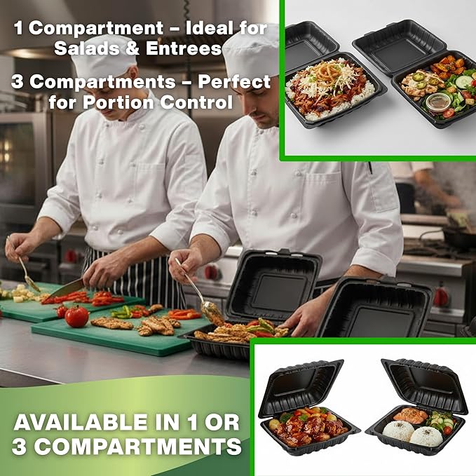 Front Lock MFPP Hinged Food Containers, 8" x 8" Black Vented Clamshell – 3 Compartment Disposable Takeout Boxes, Durable Microwaveable Containers for Restaurants & Food Service – 150 Pack