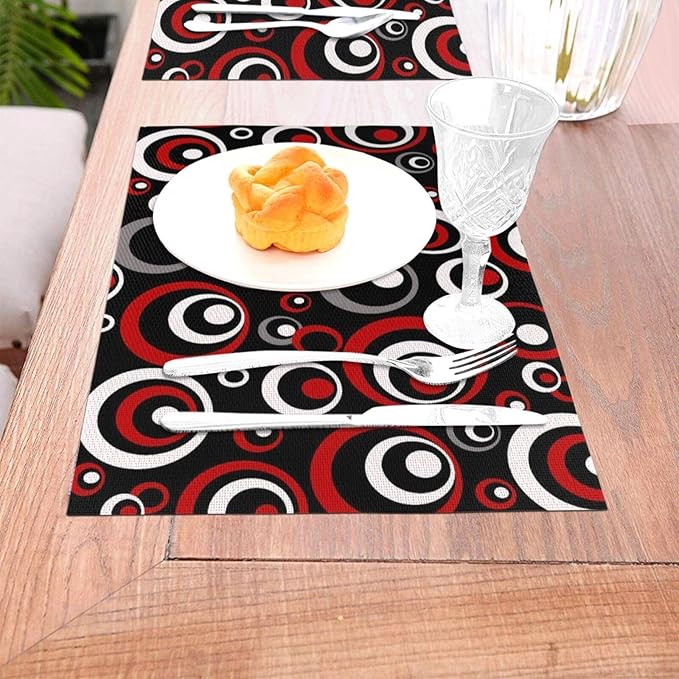 Set of 4 Modern Geometric Black Red and White Circles Patterned Linen Placemats, 12 x 18 Inch Non-Slip Heat Resistant Abstract Art Red Black Table Mats for Kitchen Home Party Dining Table, Home Decor