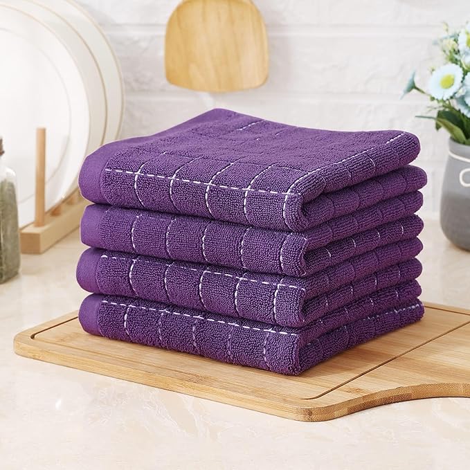 Homaxy 100% Cotton Terry Kitchen Towels(Purple, 13 x 28 inches), Checkered Designed, Soft and Super Absorbent Dish Towels, 12 Pack