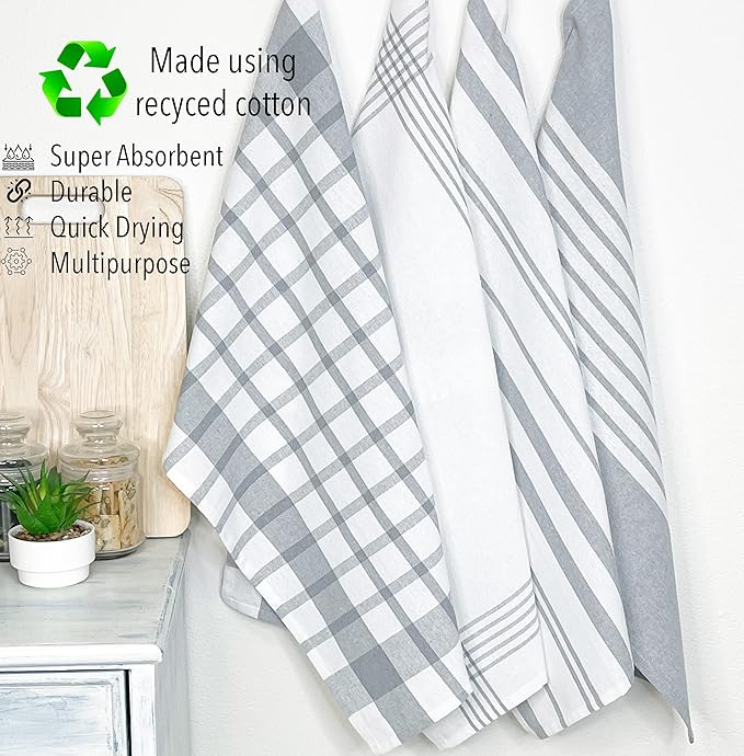 Chardin home Recycled Cotton Assorted Woven Kitchen Towels Set, Grey-White | 18x28 Inch Kitchen/Dish Cloths Set of 4 |Super Absorbent Reusable Hand and countertop Towels, Ultra Soft Tea Towels