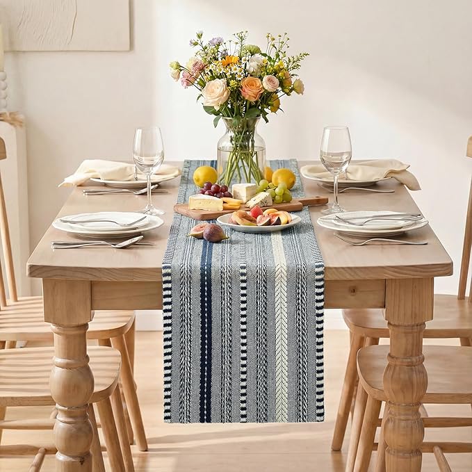 Artoid Mode Dark Blue Farmhouse Woven Table Runner, Seasonal Holiday Rustic Kitchen Dining Table Decoration for Home Party Decor 12x72 Inch