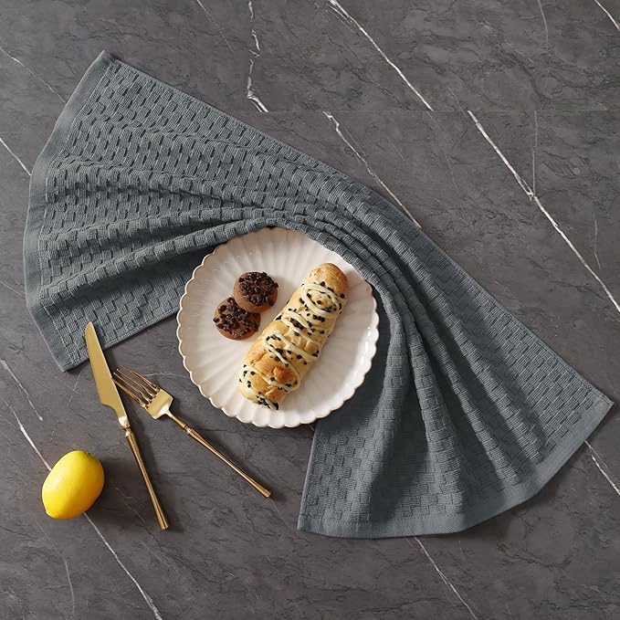 Homaxy 100% Cotton Terry Kitchen Towels(15" x 25", 12 Pack), Soft and Super Absorbent Dish Towels, 380 GSM Reusable Tea Towel with Hanging Loop, Pineapple Grid Designed, Dark Grey