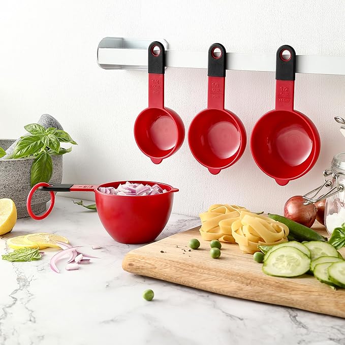 Spring Chef Red Magnetic Measuring Cups and Spoons Set of 9, Stackable Plastic Kitchen Gadget with Easy to Read Markings - Measure Dry or Liquid Ingredients for Baking & Cooking, BPA Free