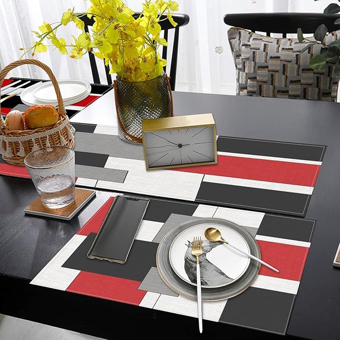 ArtSocket Geometric Table Runner and Placemats Set of 6, Red Black Grey Abstract Painting Art Dining Decor for Daily Use(1 Table Runner 72 inches Long and 6 Placemats)