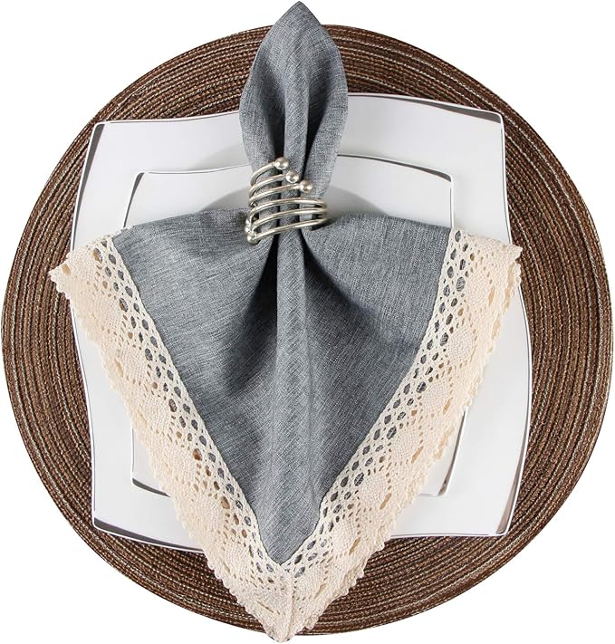 EHouseHome Dinner Cloth Napkins with Lace Trim Waterproof Spillproof Faux Linen Fabric Napkins,Set of 6, 18 x 18 Inch,Grey