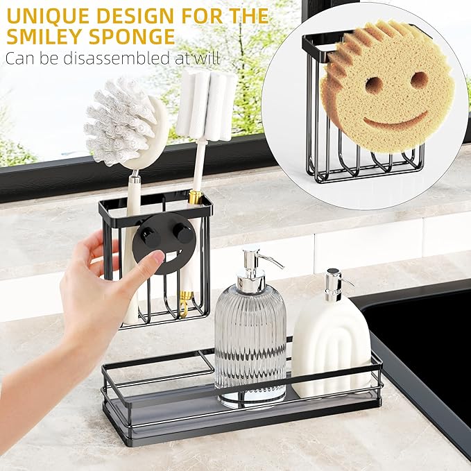 Galasily Sink Caddy Organizer with Water Absorbing Stone Tray, Instant Dry Sponge Holder Smiley Face, Dish Brush Holder for Countertop, Kitchen Storage Accessories and Organization Essentials (Black)