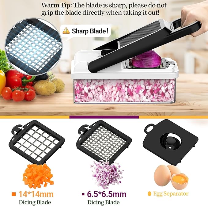 StoreHappily 12-in-1 Vegetable Chopper, 7 Blades Veggie Chopper with Container and Lid, Dicer, Slicer, Multifunctional Kitchen Gadgets, Vegetable Cutter with Handle, Onion Cutter(Black/White)