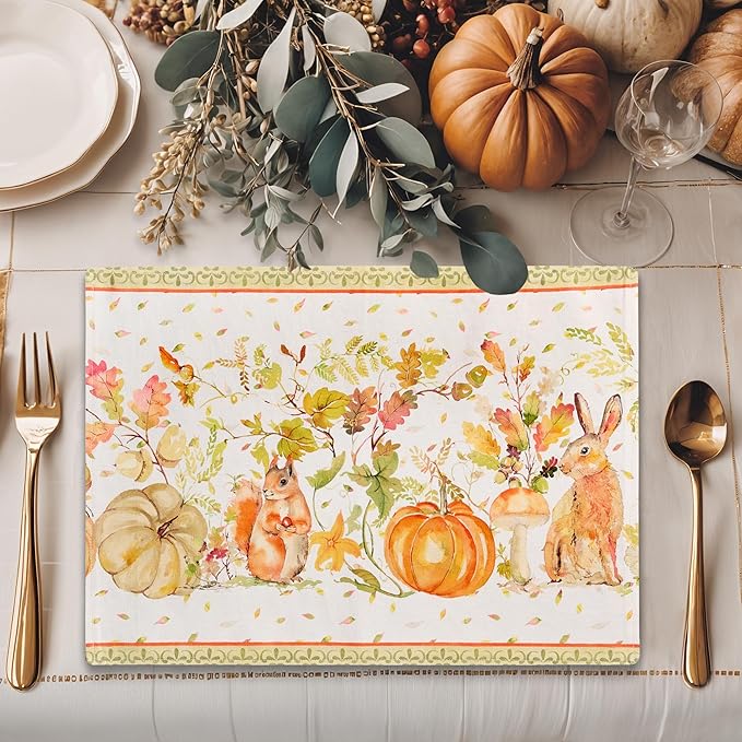 Maison d' Hermine Placemats Set of 4 100% Cotton Washable Cloth Place Mats, Reusable Table Mats for Thanksgiving Christmas Decorations Kitchen Dining Party Wedding (Pumpkin Passion, 13" x 19")