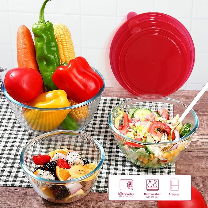 KOMUEE 4 Pack Glass Mixing Bowls Set with Lids (4.8QT, 2.9QT, 1.7QT, 0.8QT), Glass Nesting Bowls for Kitchen Baking, Cooking and Serving, Oven, Dishwasher, Freezer, and Microwave Safe