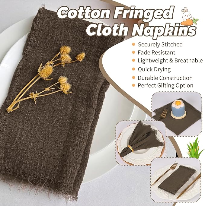 Showgeous 60 Pack Brown Cloth Napkins with Fringe 16x16 inch 100% Cotton Brown Napkins Handmade Dinner Napkins Bulk Washable Soft Rustic Table Napkins for Wedding Parties Bridal Baby Shower