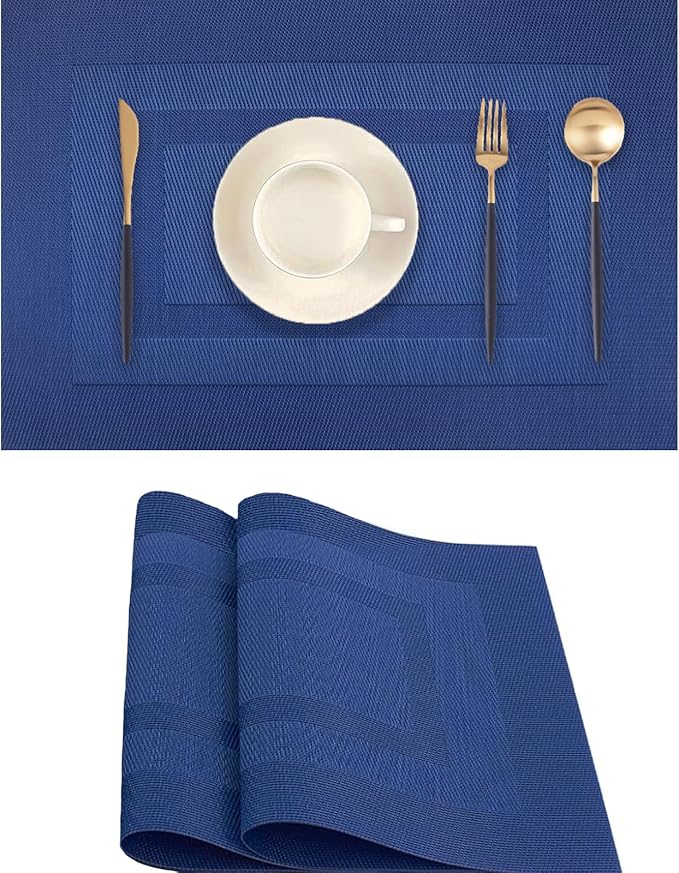 Blue Frame Placemats Set of 2 - Heat Resistant Non-Slip Place mats for Dining Table, Washable Durable PVC Vinyl Woven Table Mats (Blue Frame, 2)