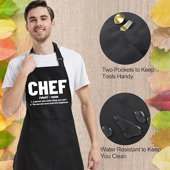 Chef Aprons for Men Women with Pockets, Kitchen Apron for Cooking Grilling Gifts for Dad Mom Birthday Christmas
