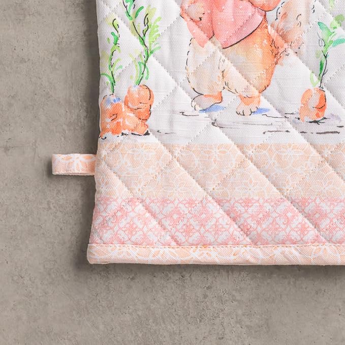 Maison d' Hermine 100% Cotton Oven Mitt & Pot Holder Set (7.5"x13" & 8"x8") Heat Resistant BBQ Cooking Gloves with Loop Baking Grilling Kitchen Gifts for Mothers Day Spring/Summer (Bunny Party)
