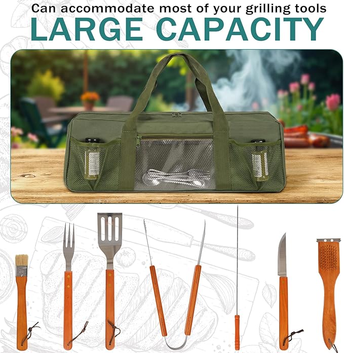 Grill Tool Storage Bag, Large Grill Utensil Storage Caddy with Pockets, BBQ Tools Storage Bag for Outdoor Camping (Green)