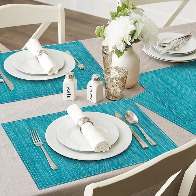 Niviy Teal Blue Placemats Set of 6, 12x18 Inch Washable Easy to Clean Heat-Resistant Anti-Skid Teal Blue Placemats for Holiday Party Kitchen Dining Room Decoration