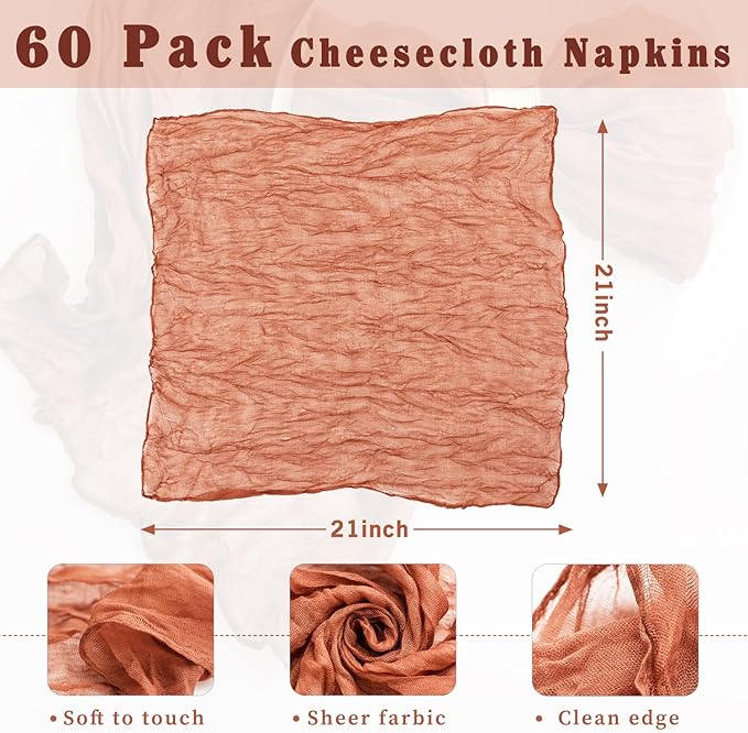 60 Pack Terracotta Cheesecloth Napkins 21x21 Inches Terracotta Cloth Napkins Washable Set of 60 Dinner Table Napkins for Wedding Bridal Baby Shower Rustic Boho Cotton Gauze Summer Party Table Decor