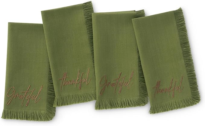Elrene Home Fashions Fringed Harvest Sentiment Cotton Napkins, Set of 4, 17"x17", Olive