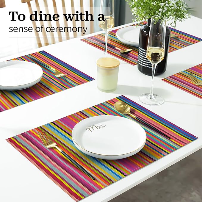 Rainbow Placemats Set of 4, 12x18 Inch Heat-Resistant Washable Easy to Clean Place Mats, Faux Linen Cloth Table Mats Suitable for Indoor/Outdoor Parties & Kitchen Decor (Rainbow)