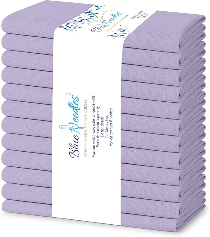 Blue Needles Solid Cloth Napkins Set of 12 Lavender 100% Cotton Dinner Napkins 18x18 inches - Spring Summer Easter - Soft, Reusable, Absorbent & Washable Linen, Ideal for Events Parties & Everyday Use