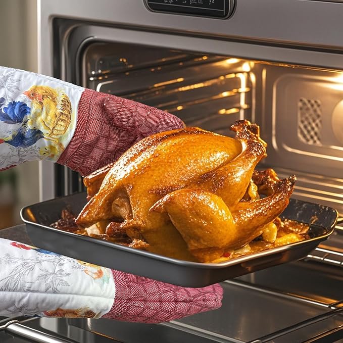 Silicone Printing Oven Mitts Heat Resistant to 500 Degree,Yarm-Dyed Oven Gloves with Animal Design Non-Slip for Kitchen Cooking Barbecue Baking and Machine Washable.(Red Oven Mitts)