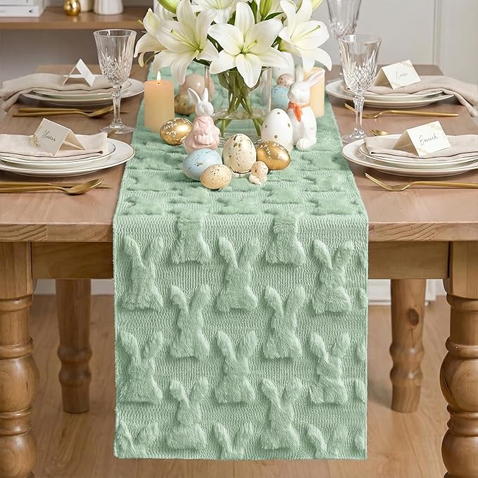 Artoid Mode Sage Green Soft Plush Faux Fur Jacquard Bunny Rabbit Easter Table Runner, Seasonal Kitchen Dining Table Decoration for Home Party Decor 13x72 Inch