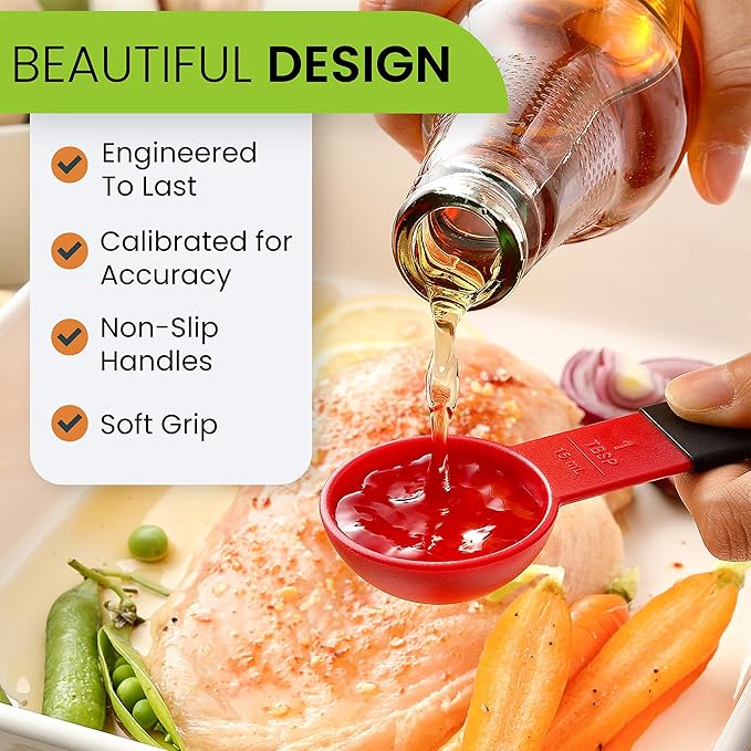 Spring Chef Red Magnetic Measuring Cups and Spoons Set of 9, Stackable Plastic Kitchen Gadget with Easy to Read Markings - Measure Dry or Liquid Ingredients for Baking & Cooking, BPA Free