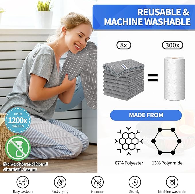Kitchen Towels, 8 Pack Microfiber Cleaning Cloth, 25'' x 15'' Dish Towels, 270 GSM Checkered All-Purpose Reusable Lint Free & Absorbent Hand Towels for Kitchen Home Tea Bar Shop