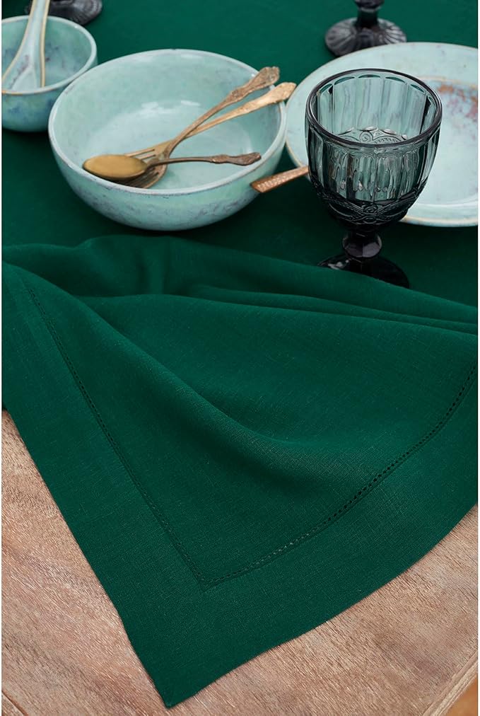 Solino Home Linen Placemats Set of 4 - Classic Hemstitch Rainforest Green Placemats 14 x 19 Inch - 100% Pure Linen Table Mats