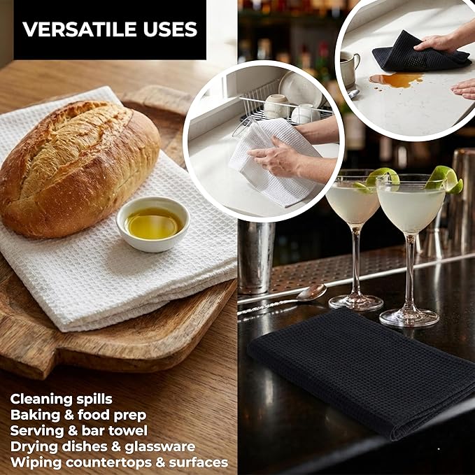 Highly Absorbent Cotton Dish Towels for Drying - Set of 3+3 - Black + White - 18"X28" Lint Free Waffle Weave Cloth Linen Hand Bathroom Bulk Dishtowels