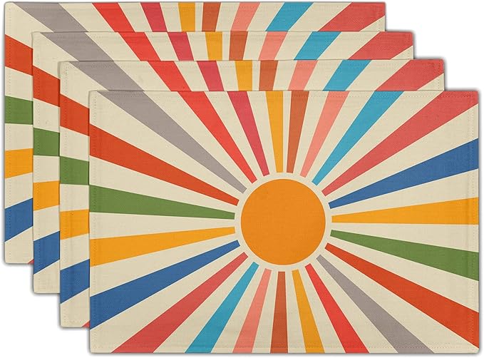 aportt Colorful Boho Placemats Set of 4 Rustic Retro Rainbow 70s Sun Linen Washable Kitchen Dining Table Mats Stain Heat-Resistant Desktop Decor Place Mats for Home Party Indoor 12x18 in