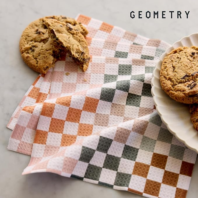 GEOMETRY Kitchen Dish Cloths - Quick Dry Dishcloths for Kitchen - Premium Dish Rags with Geoweave - 3-Pack Set Autumn Checkers