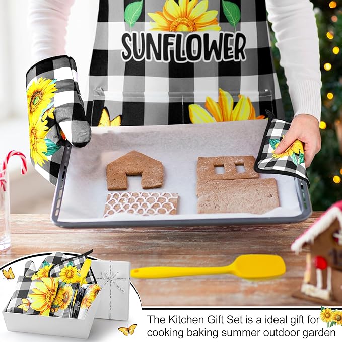 Hoolerry 6 Pcs Sunflower Kitchen Apron Dish Towels Oven Mitts and Pot Holders Sets with Silicone Spatula for Women Wife Grandma Cooking Sunflower Baking Gifts