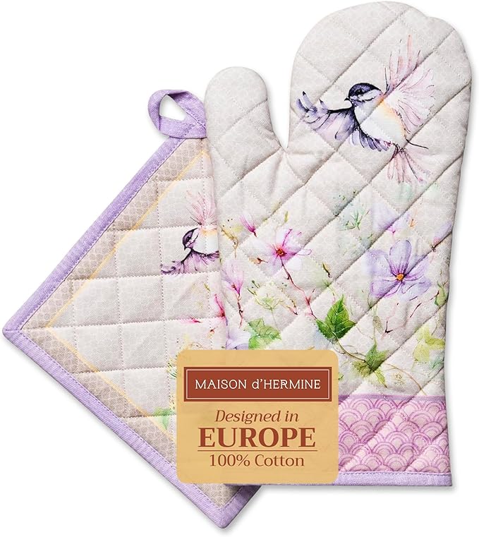 Maison d' Hermine 100% Cotton Oven Mitt & Pot Holder Set (7.5"x13" & 8"x8") Heat Resistant BBQ Cooking Gloves with Loop Grilling Kitchen Gifts for Mothers Day Spring/Summer (Magnolia Mornings)