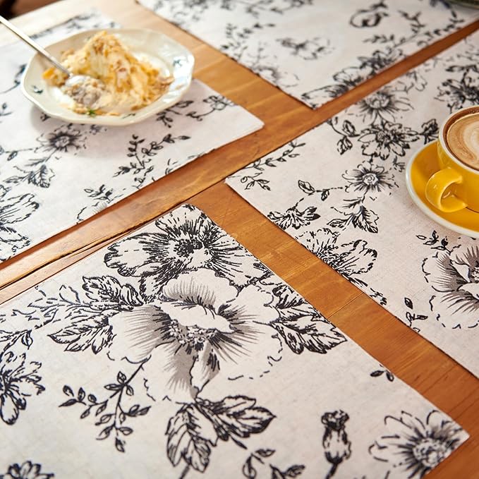 JINCHAN Floral Placemats Set of 4 Farmhouse Linen Placemats Cloth Table Mats Holiday Seasonal Rustic for Kitchen Dining Table Decor Heat Resistant Washable Tablemats 13x19 Inch Black