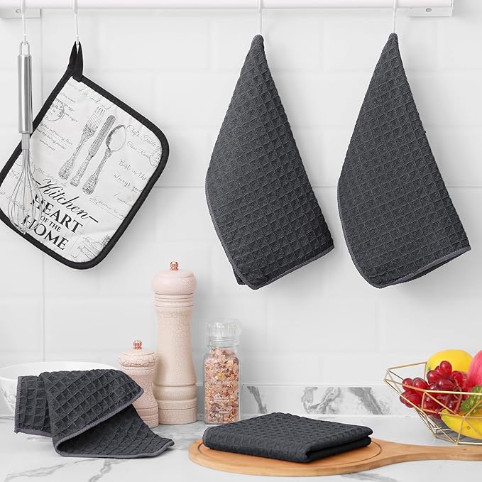Homaxy Microfiber Waffle Weave Kitchen Towels Set, 16 x 28 Inch and 12 x 12 Inch Ultra Absorbent and Solid Color Dish Towels, 8 Pack, Dark Grey