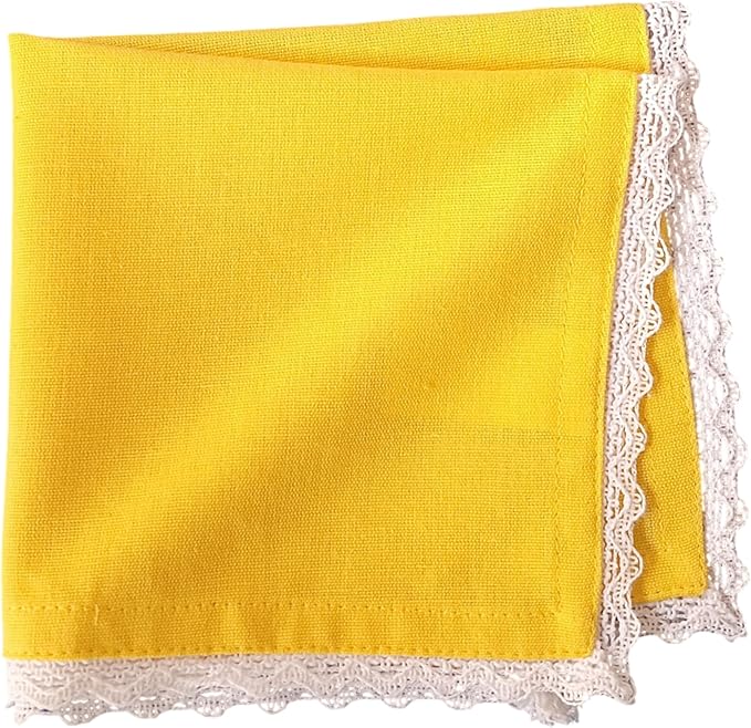 Fingercraft Dinner Cloth Napkin Cotton Linen Blend 12 Pack 12In Mitered Corners with Elegant Lace for Everyday Use Napkins Cloth are Pre Shrunk and Good Absorbency Yellow