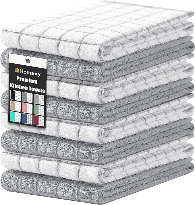 Homaxy Premium Cotton Kitchen Towels 16"x 28", Large Natural Ring Spun 390 GSM Dish Towels, Super Absorbent Terry Kitchen Hand Towels, Soft Tea Towels with Hanging Loop, Light Grey Check, 8 Pack