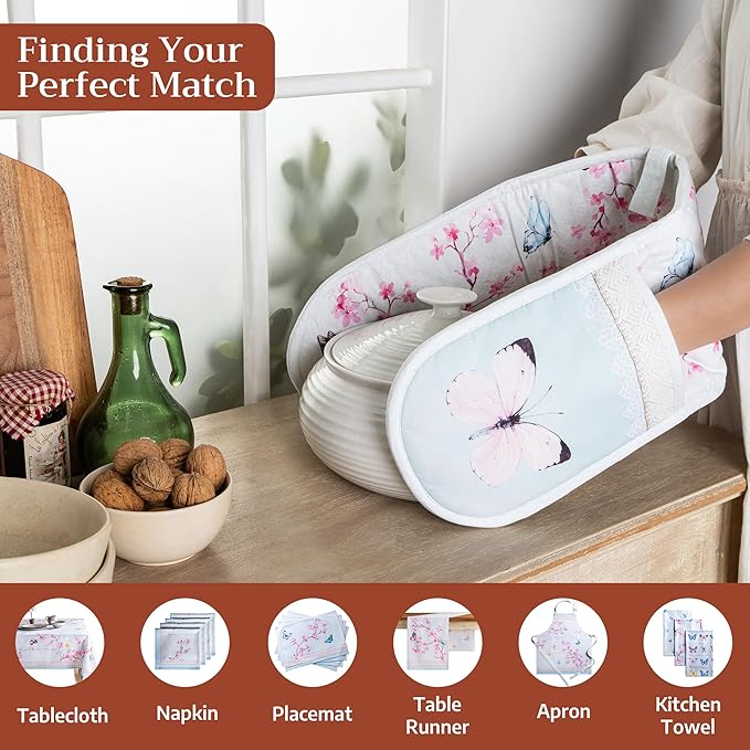 Maison d' Hermine Double Oven Mitts 100% Cotton 7"x35" Double Oven Mitt Heat Resistant BBQ Cooking Gloves with Loop Baking Grilling Gifts for Mothers Day Spring Summer (Blossoms in Spring)