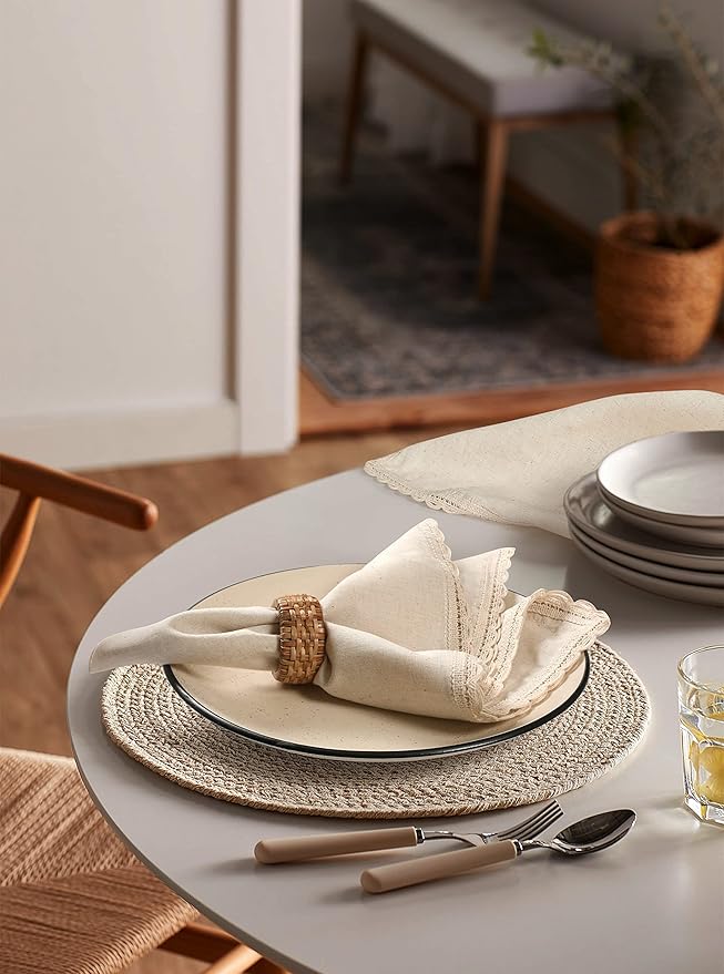 Flax Lace Cloth Dinner Napkins Set of 4 Natural - 20x20 Inches, Premium Cotton Linen Reusable Dinning Table Napkin Ideal for Spring, Easter, Birthday | Washable Everyday Use Napkin for Banquet Event