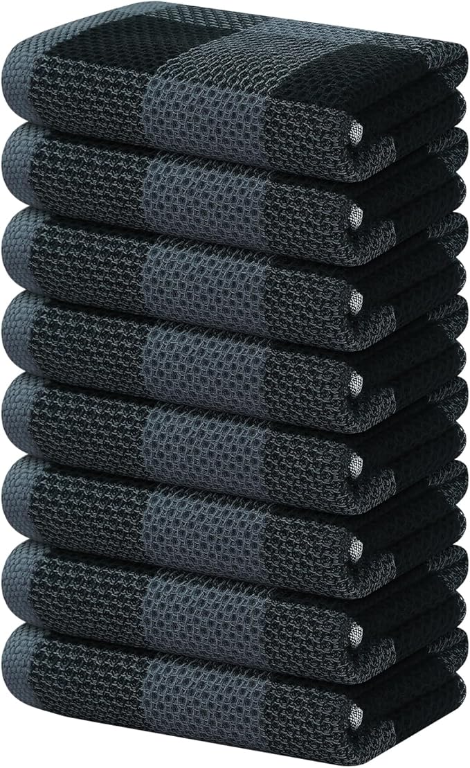 Homaxy 100% Cotton Waffle Weave Check Plaid Kitchen Towels, 13 x 28 Inches, Super Soft and Absorbent Dish Towels for Drying Dishes, 4-Pack, White & Black