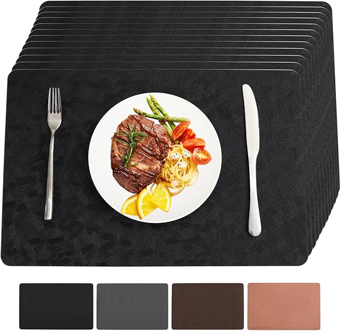 Vinyl Placemats Set of 12 Heat Resistant Easy Clean Non-Slip Place Mats for Dining Table Faux Leather Waterproof Stain Resistant Wipeable Washable PVC Table Mats(12, Black)