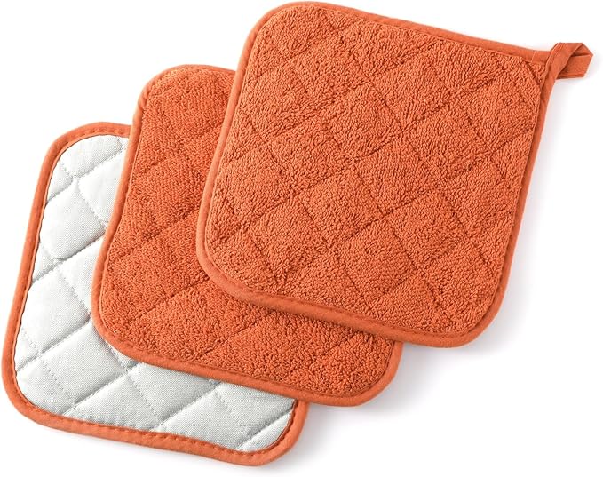 100% Cotton Basic Terry Collection Quilted，Pot Holder for Cooking and Baking，3 Piece. (French Blue)