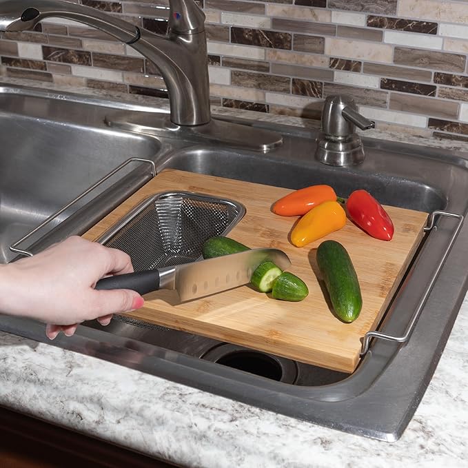 Cutting Board with Strainer - 2 in 1 Adjustable Bamboo Chopping Board with Removable Stainless Steel Colander for Over the Sink by Classic Cuisine